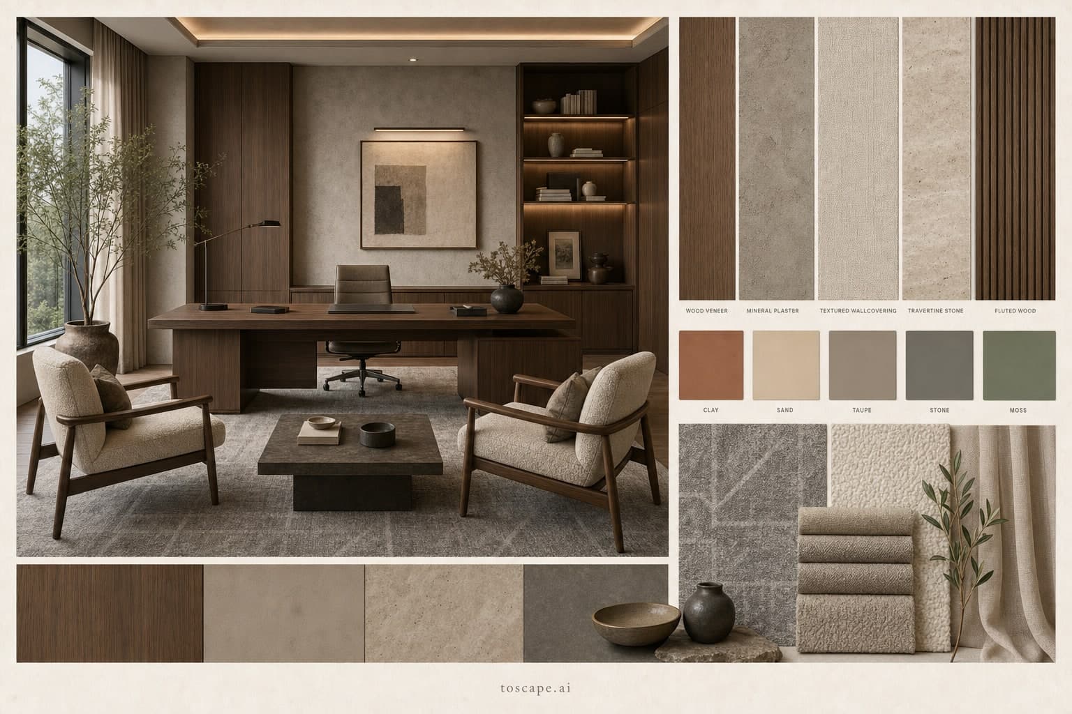 Modern Earth Organic Office — Satin interior moodboard plate