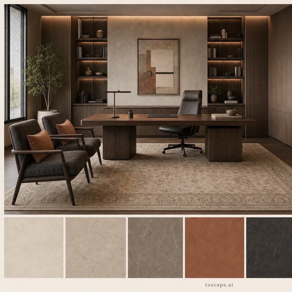 Modern Earth Organic Office — Honed Stone interior moodboard card
