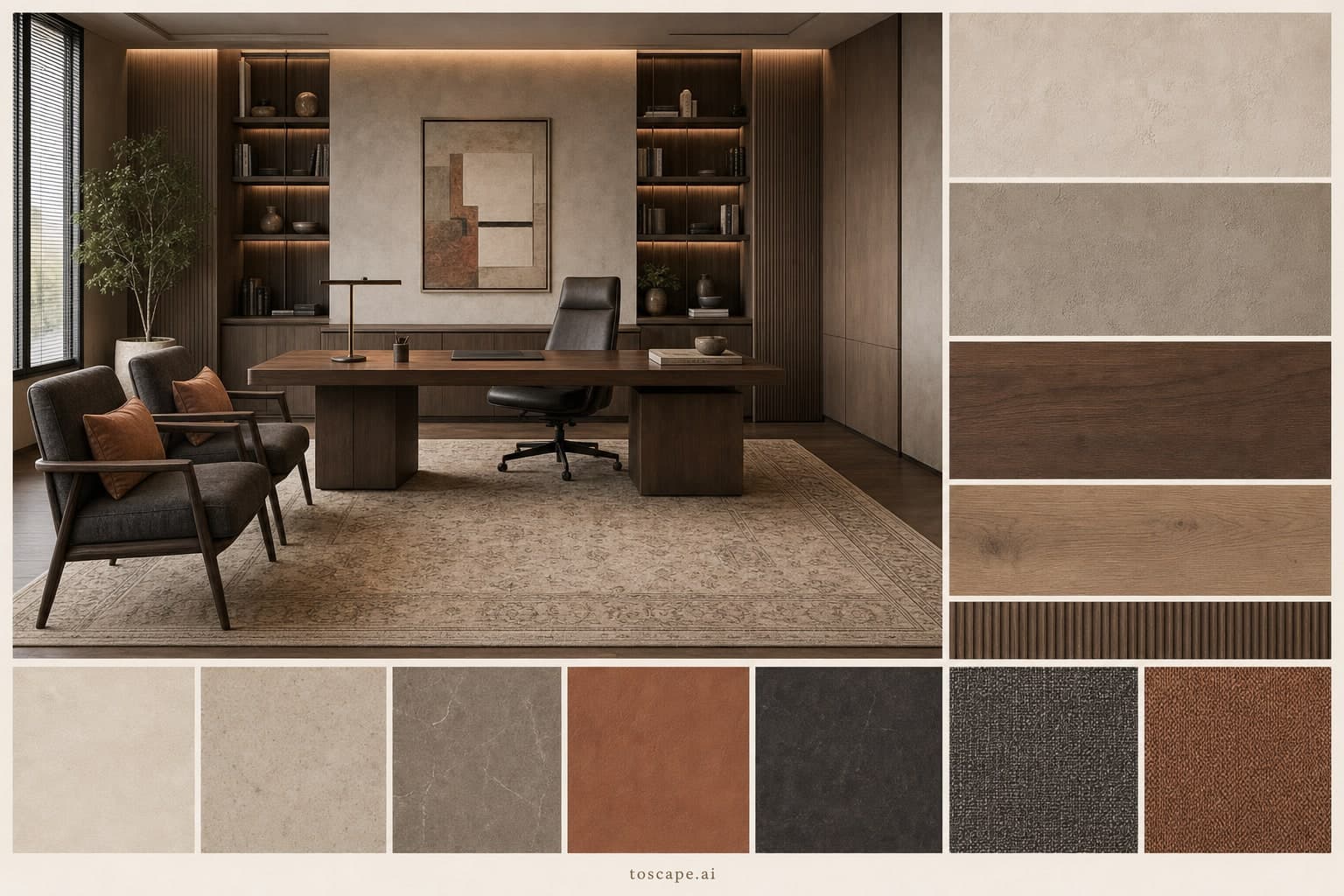 Modern Earth Organic Office — Honed Stone interior moodboard plate