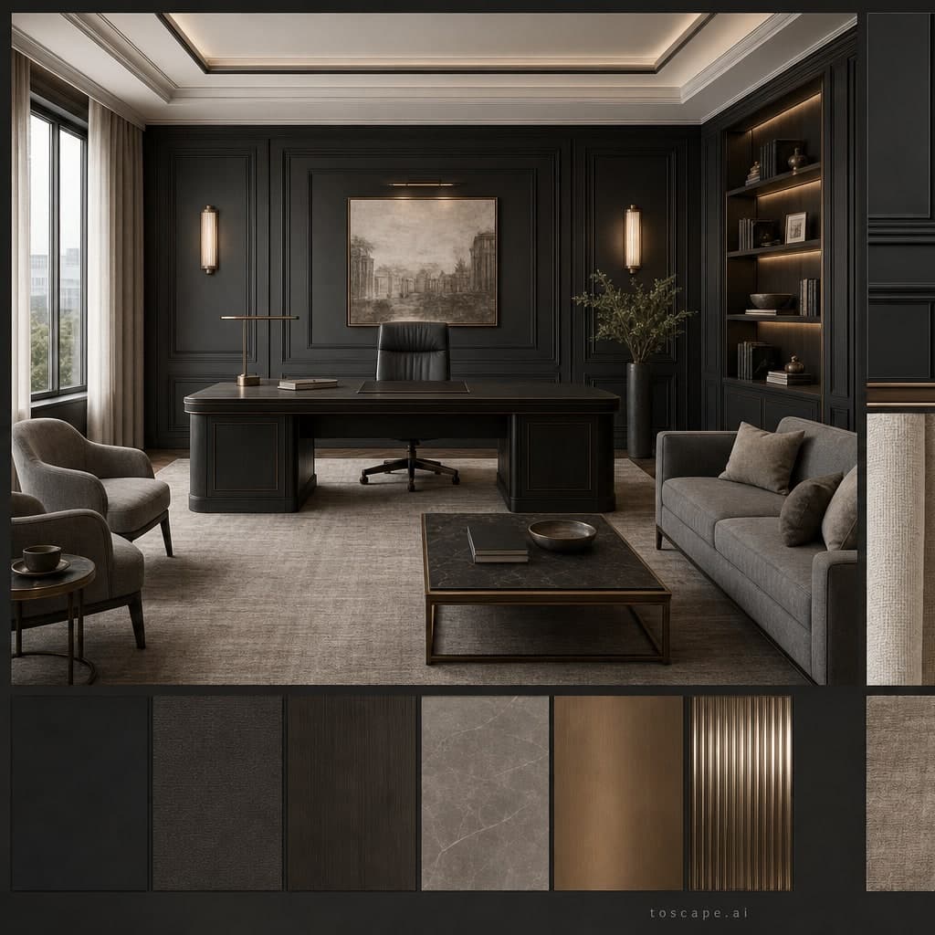 Neoclassic Dark Luxury Office — Brushed Metal interior moodboard card