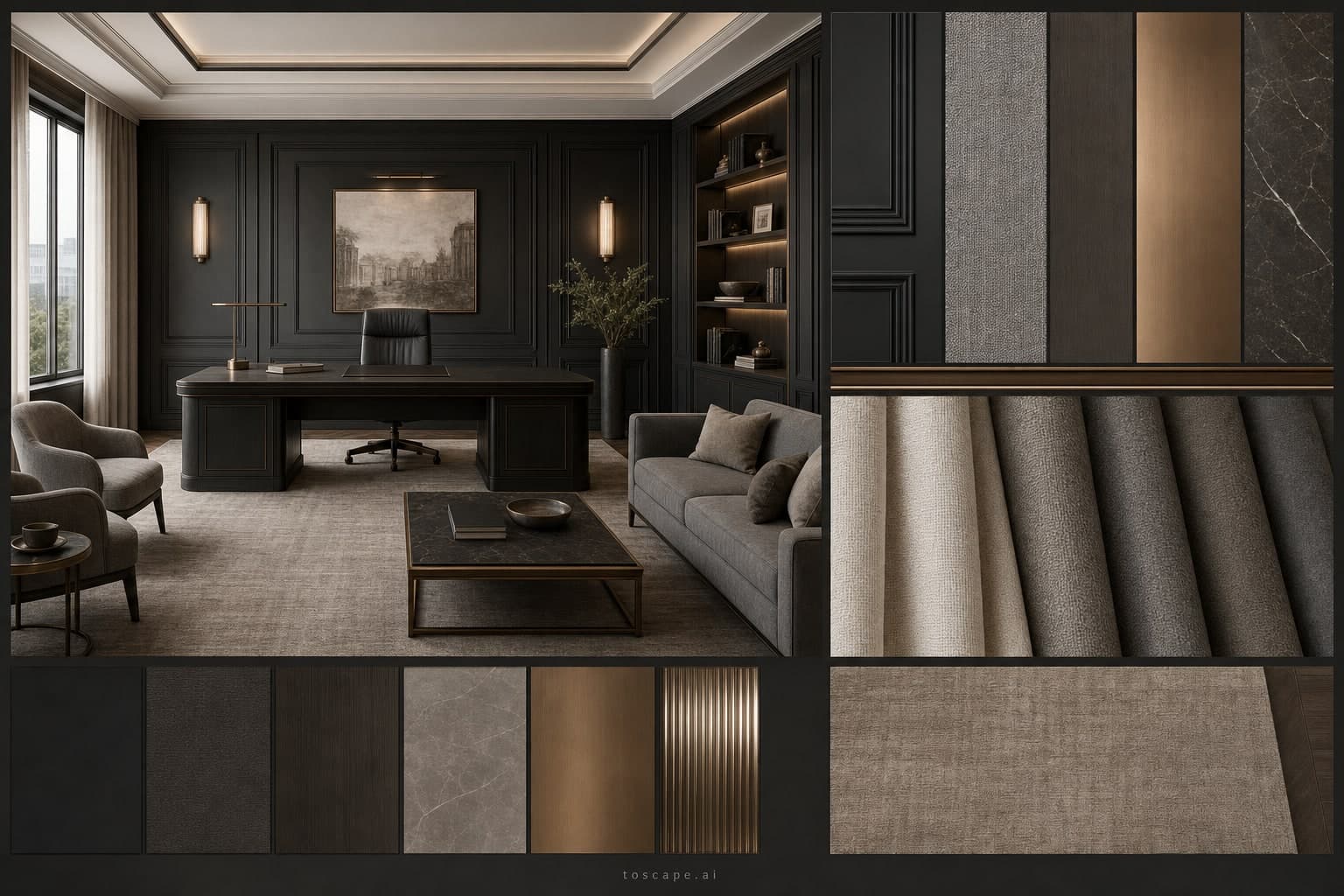 Neoclassic Dark Luxury Office — Brushed Metal interior moodboard plate