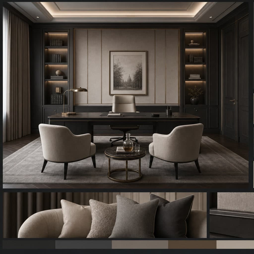 Neoclassic Dark Luxury Office — Matte interior moodboard card