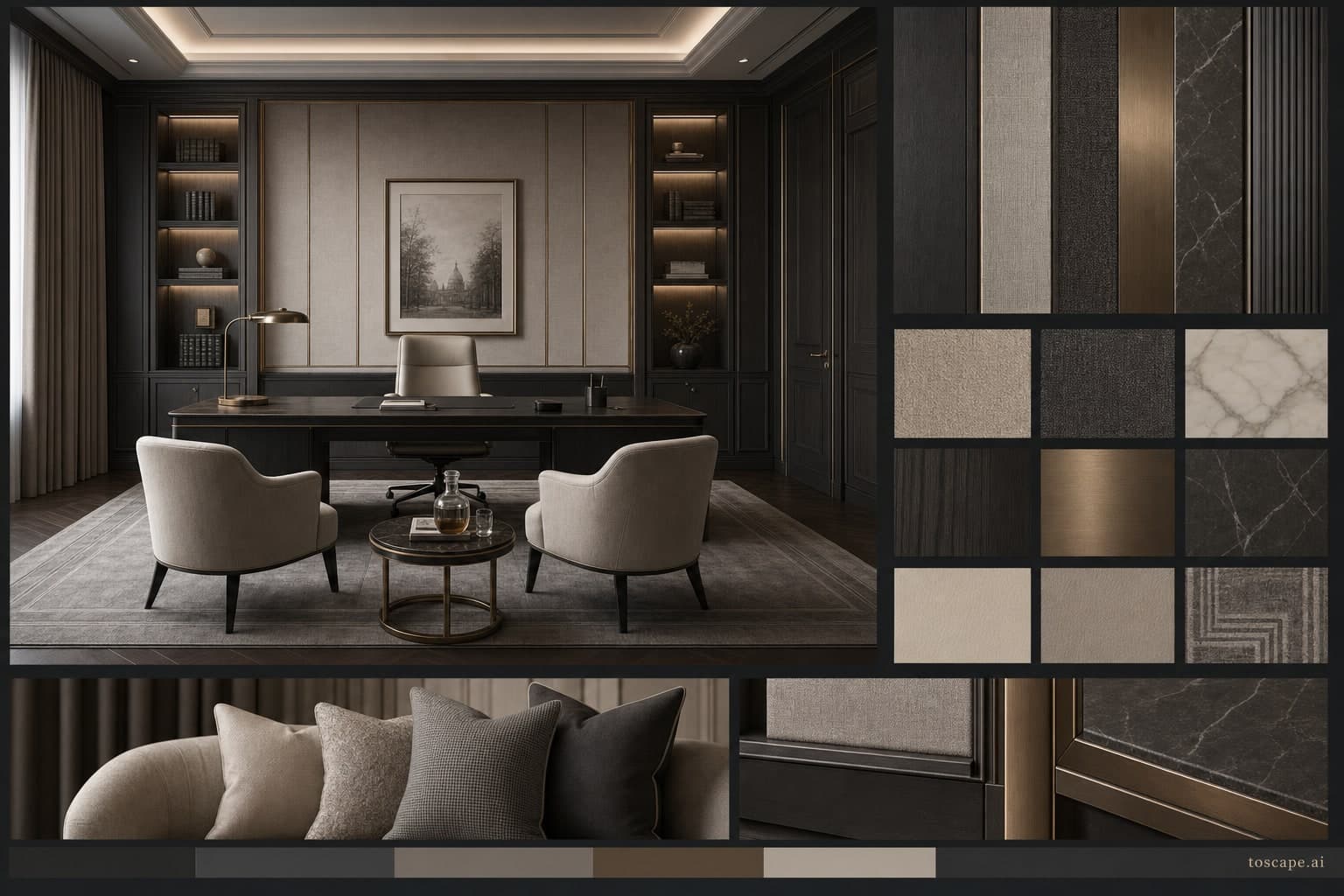 Neoclassic Dark Luxury Office — Matte interior moodboard plate