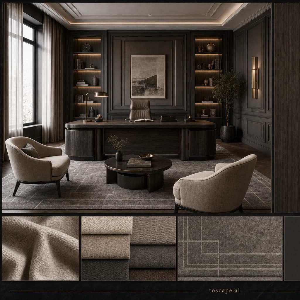 Neoclassic Dark Luxury Office — Matte interior moodboard card