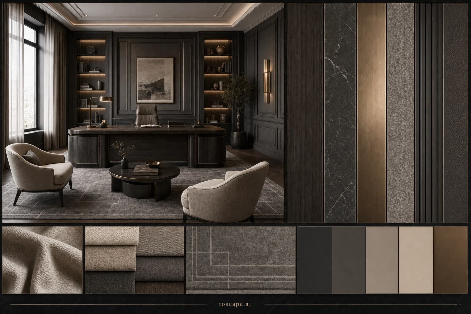 Neoclassic Dark Luxury Office — Matte interior moodboard plate