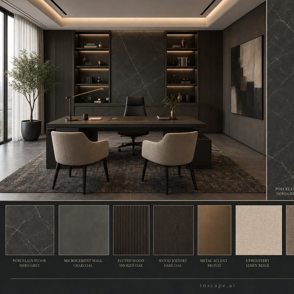 Modern Dark Luxury Office — Brushed Metal interior moodboard card
