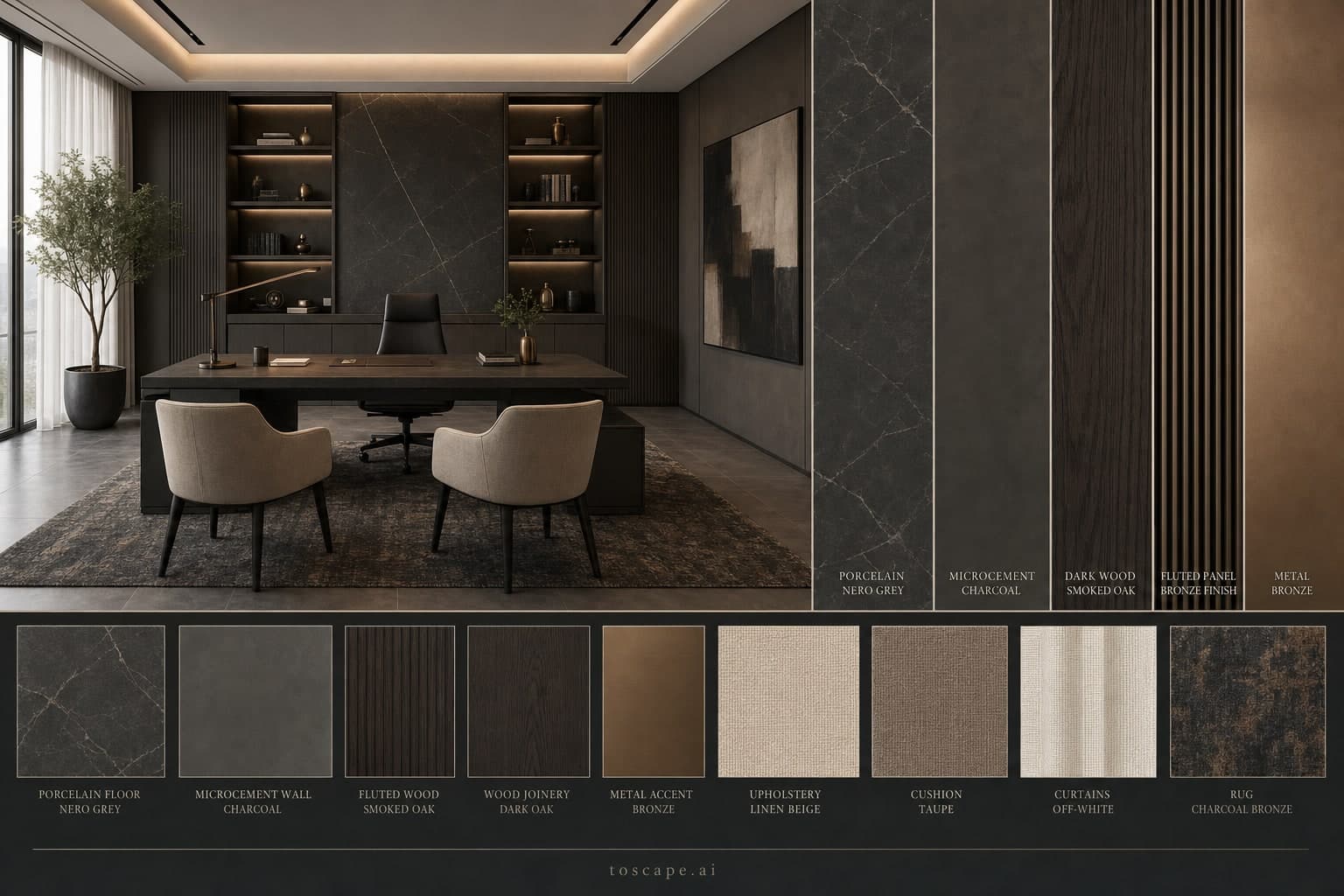 Modern Dark Luxury Office — Brushed Metal interior moodboard plate
