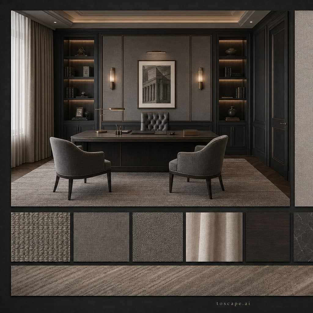 Neoclassic Dark Luxury Office — Brushed Metal interior moodboard card