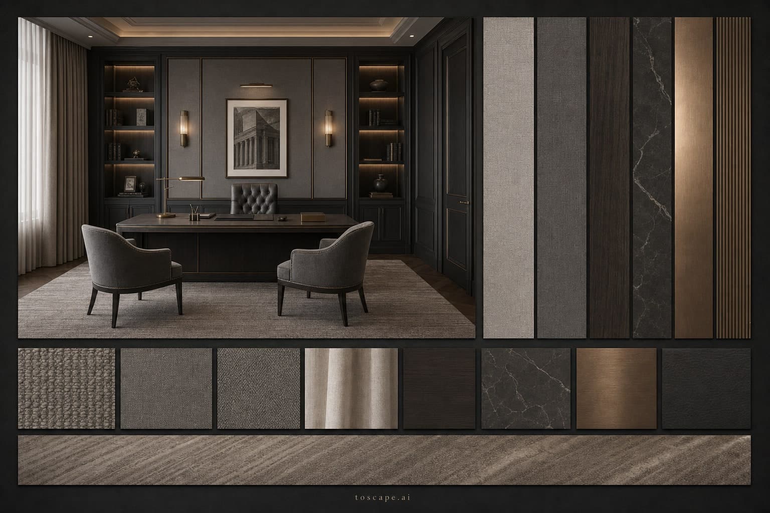 Neoclassic Dark Luxury Office — Brushed Metal interior moodboard plate