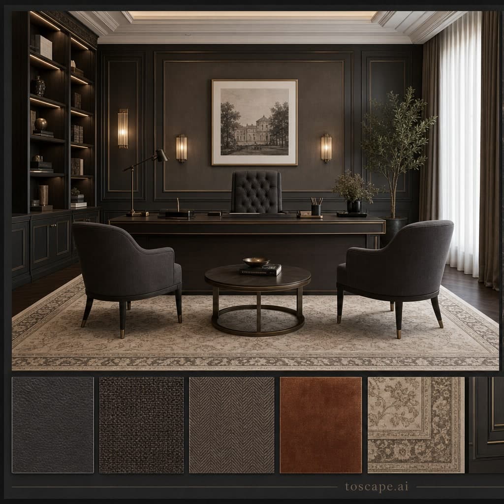 Neoclassic Dark Luxury Office — Satin interior moodboard card