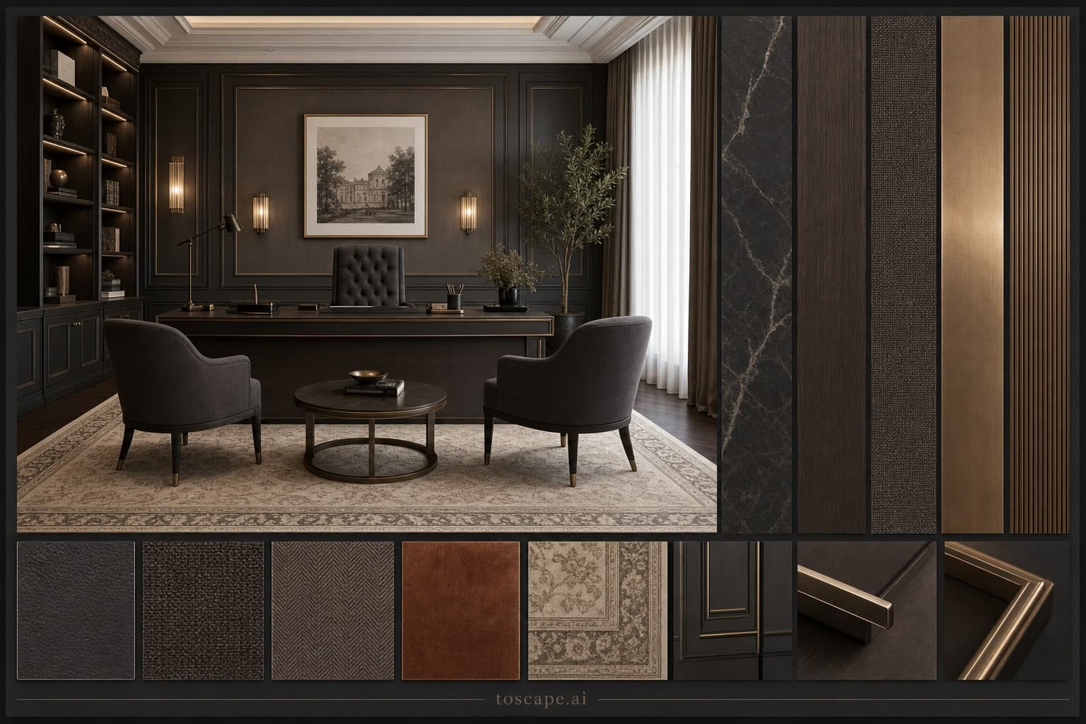 Neoclassic Dark Luxury Office — Satin interior moodboard plate