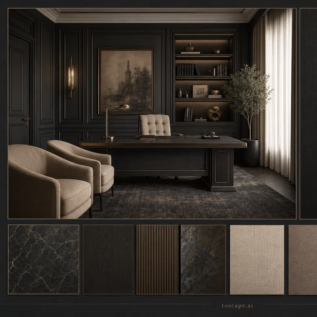 Neoclassic Dark Luxury Office — Honed Stone interior moodboard card