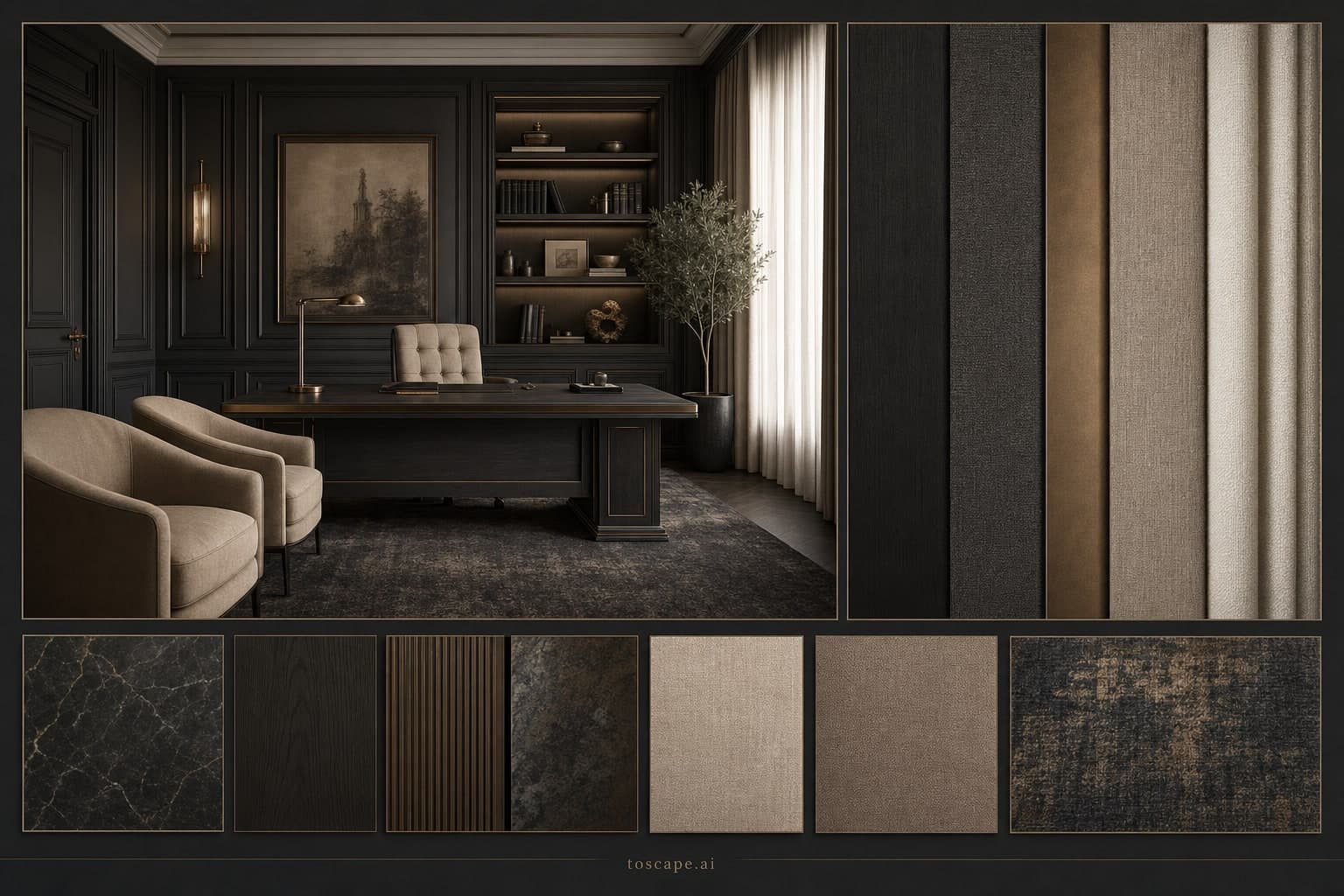 Neoclassic Dark Luxury Office — Honed Stone interior moodboard plate