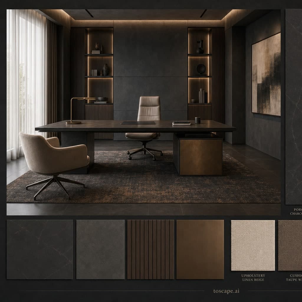 Modern Dark Luxury Office — Brushed Metal interior moodboard card