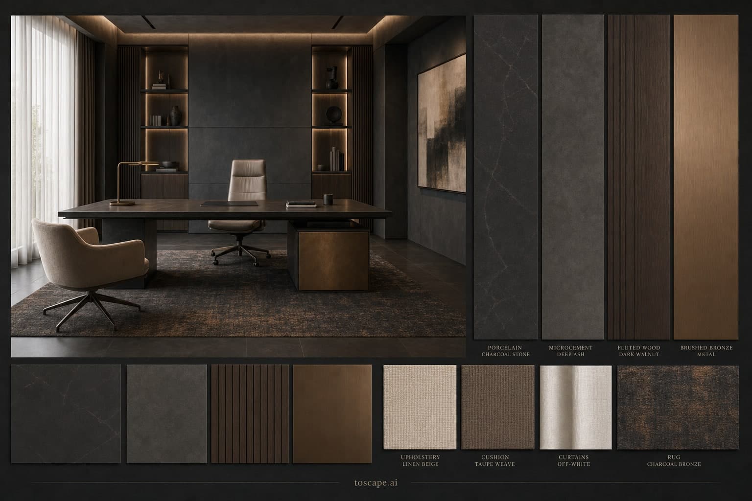 Modern Dark Luxury Office — Brushed Metal interior moodboard plate