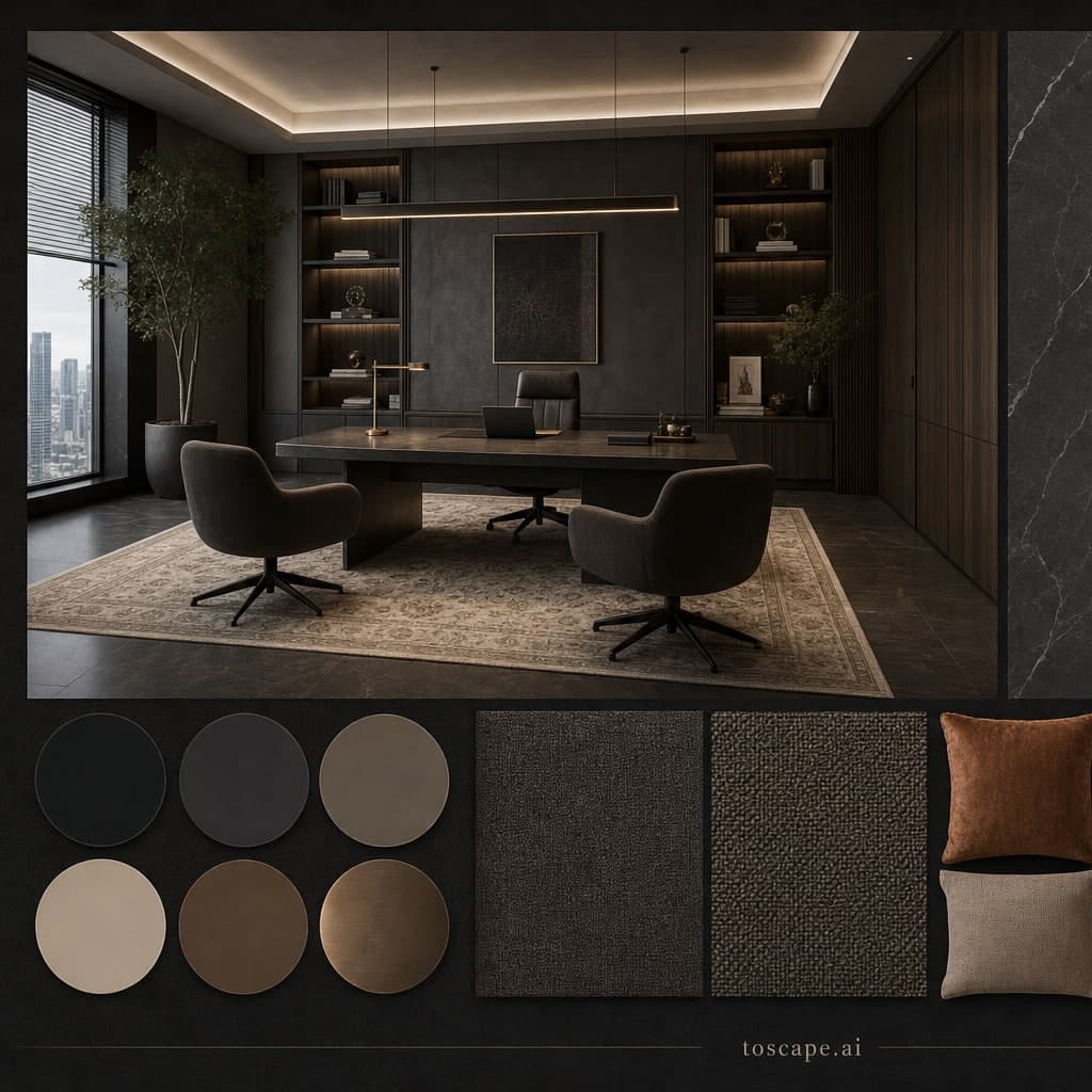 Modern Dark Luxury Office — Honed Stone interior moodboard card