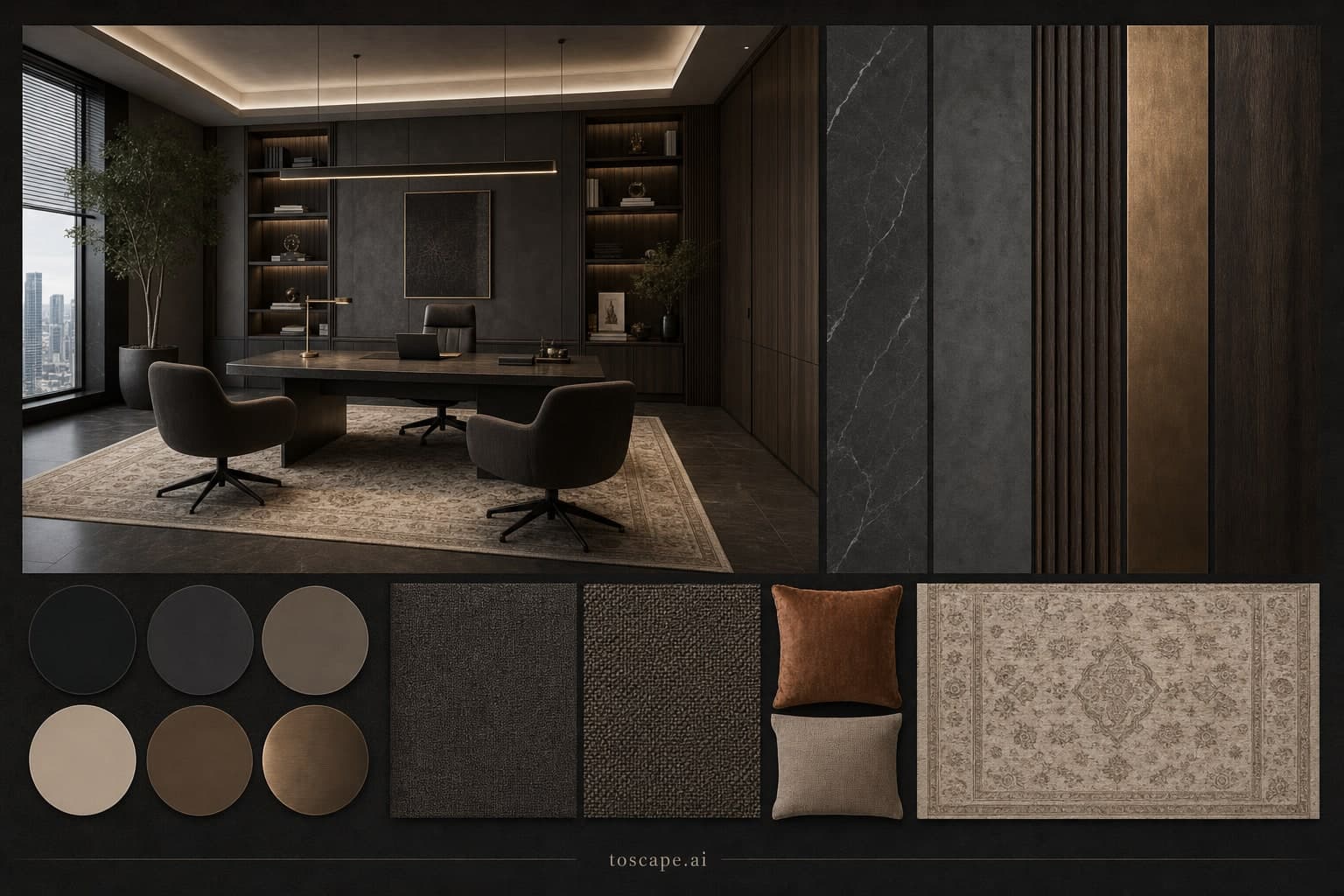 Modern Dark Luxury Office — Honed Stone interior moodboard plate