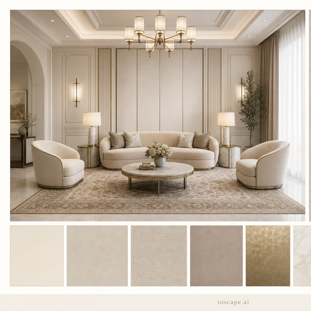 Neoclassic Light Luxury Reception — Satin interior moodboard card