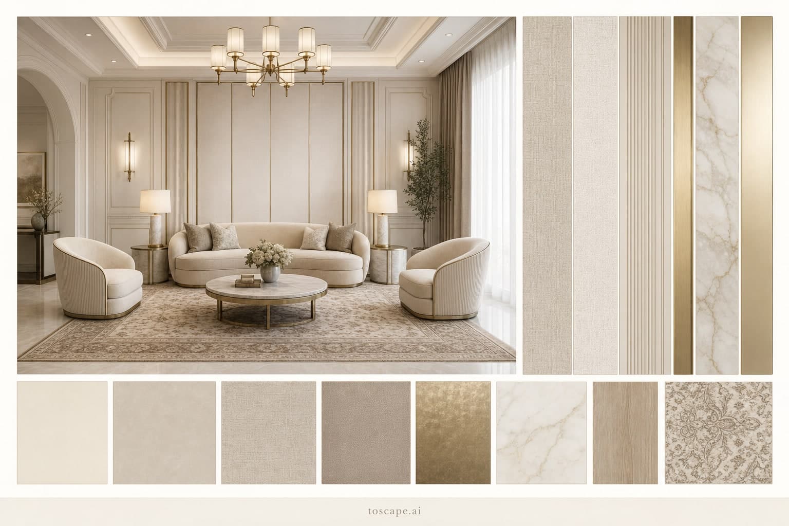 Neoclassic Light Luxury Reception — Satin interior moodboard plate