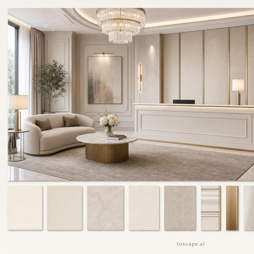 Neoclassic Light Luxury Reception — Brushed Metal interior moodboard card