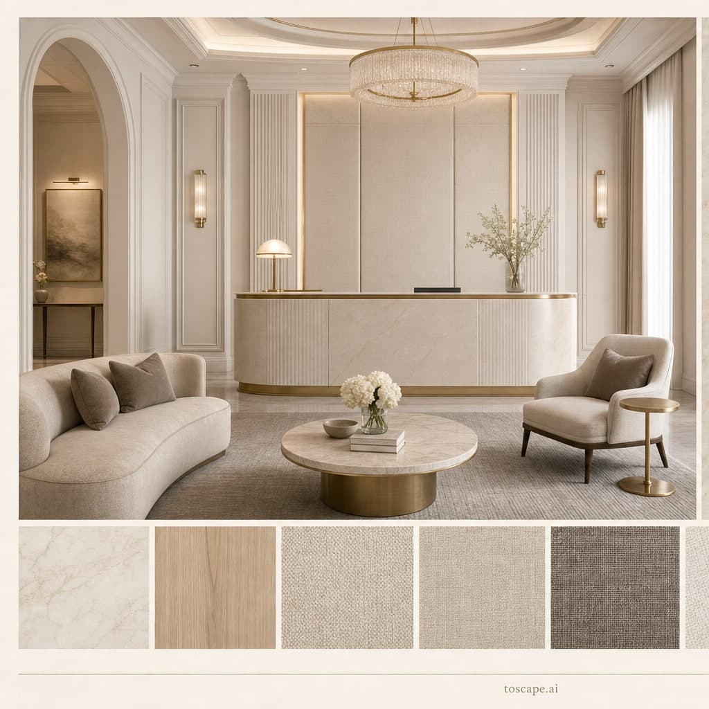 Neoclassic Light Luxury Reception — Brushed Metal interior moodboard card