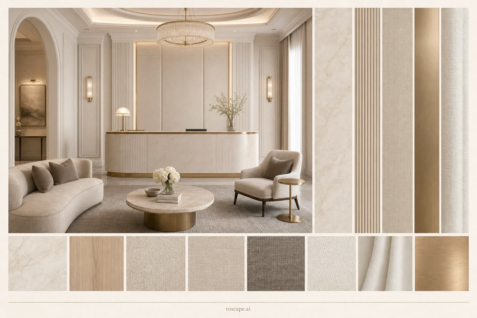 Neoclassic Light Luxury Reception — Brushed Metal interior moodboard plate