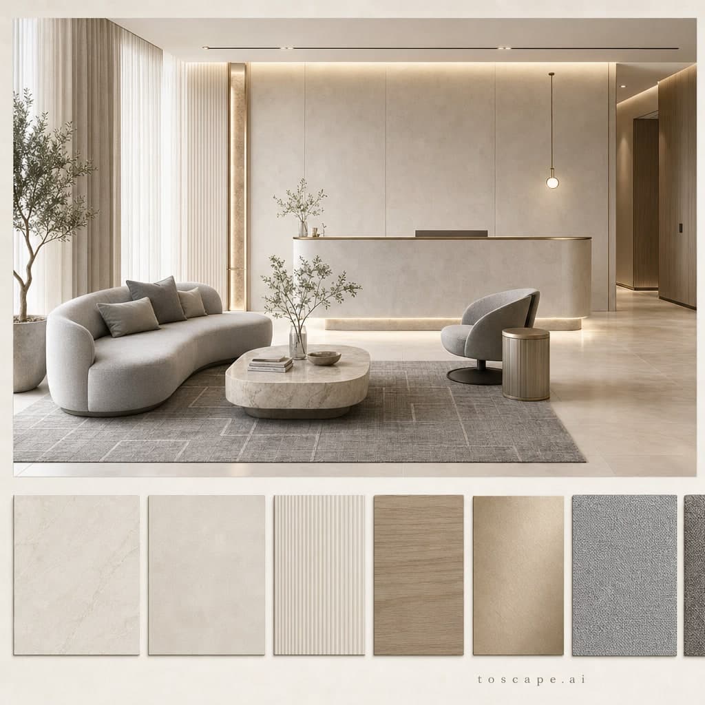 Modern Light Luxury Reception — Satin interior moodboard card