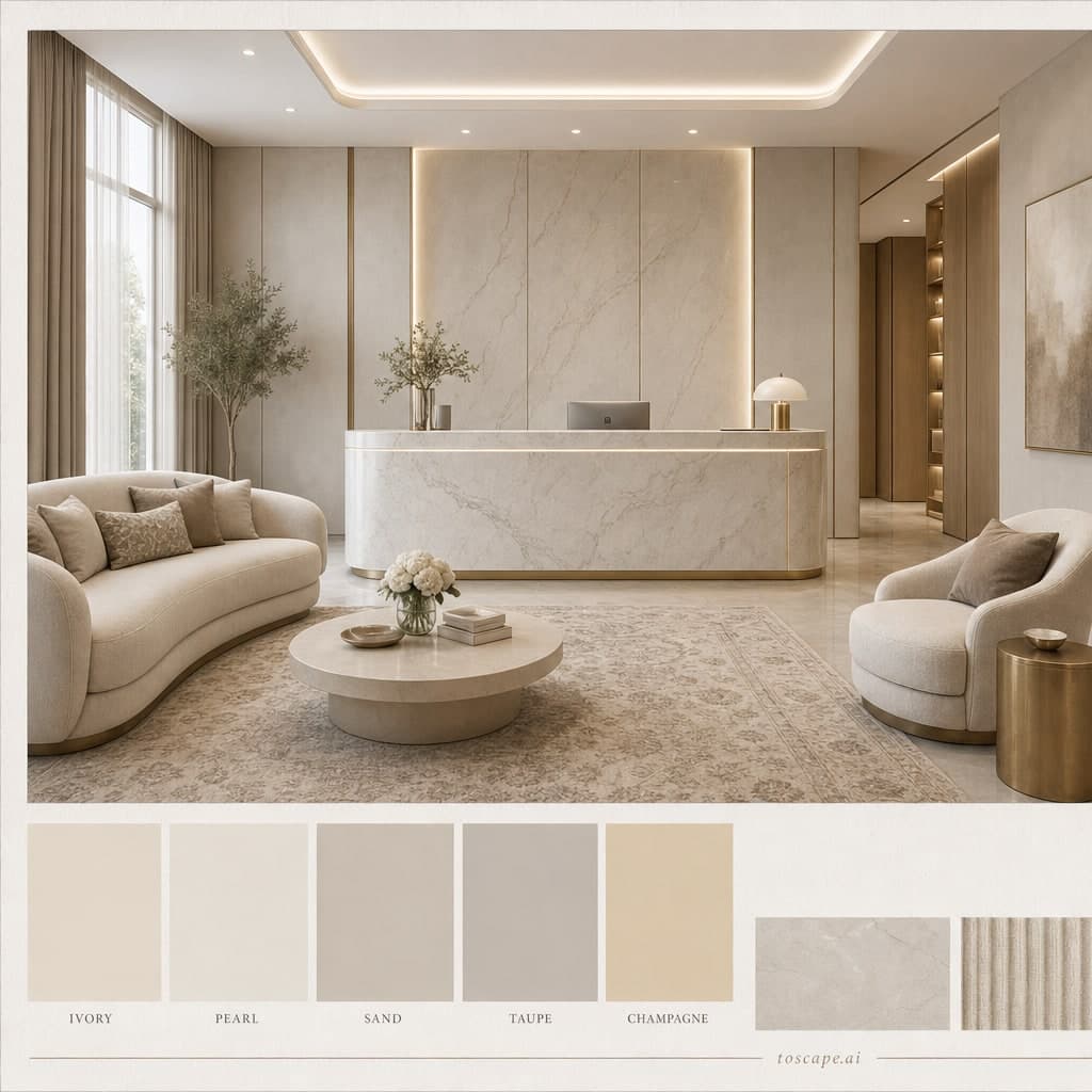 Modern Light Luxury Reception — Honed Stone interior moodboard card