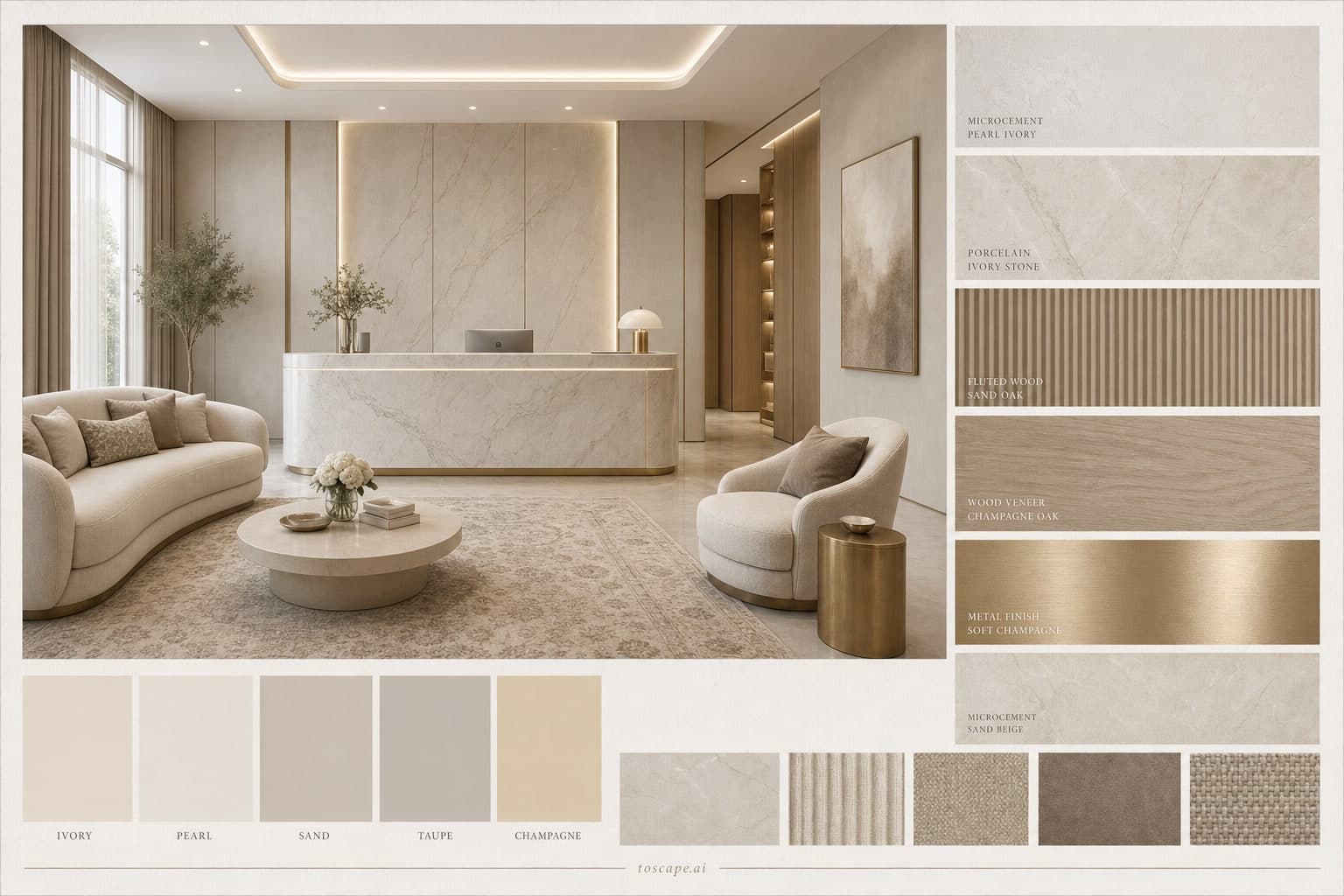 Modern Light Luxury Reception — Honed Stone interior moodboard plate