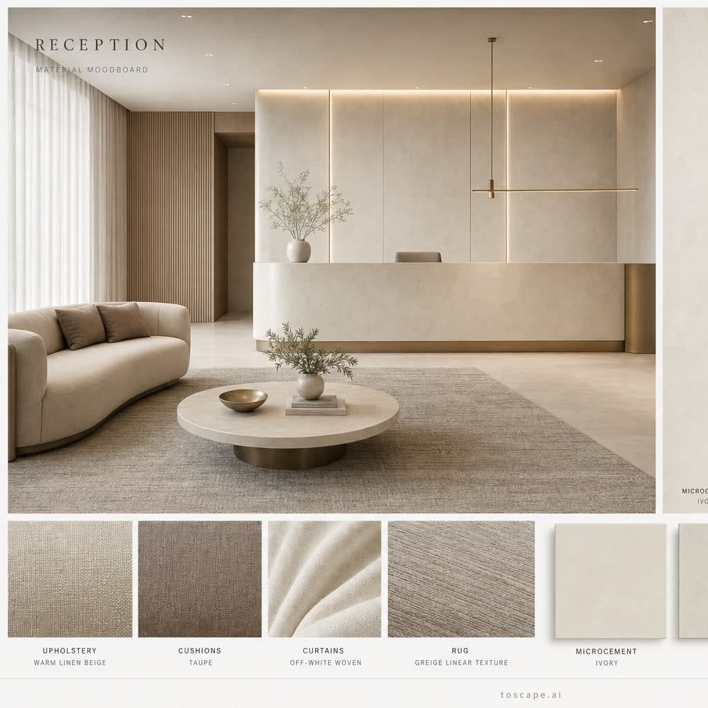 Modern Light Luxury Reception — Matte interior moodboard card