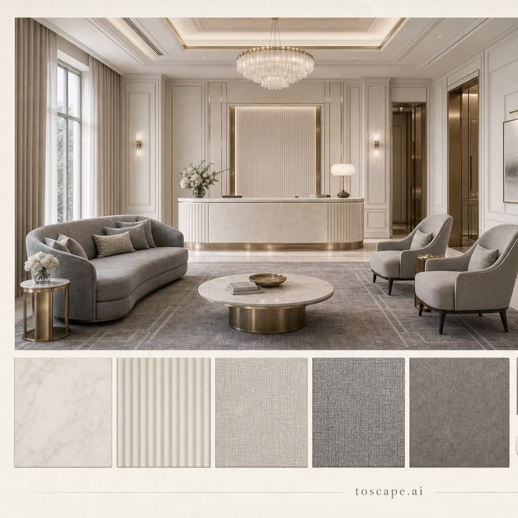 Neoclassic Light Luxury Reception — Matte interior moodboard card