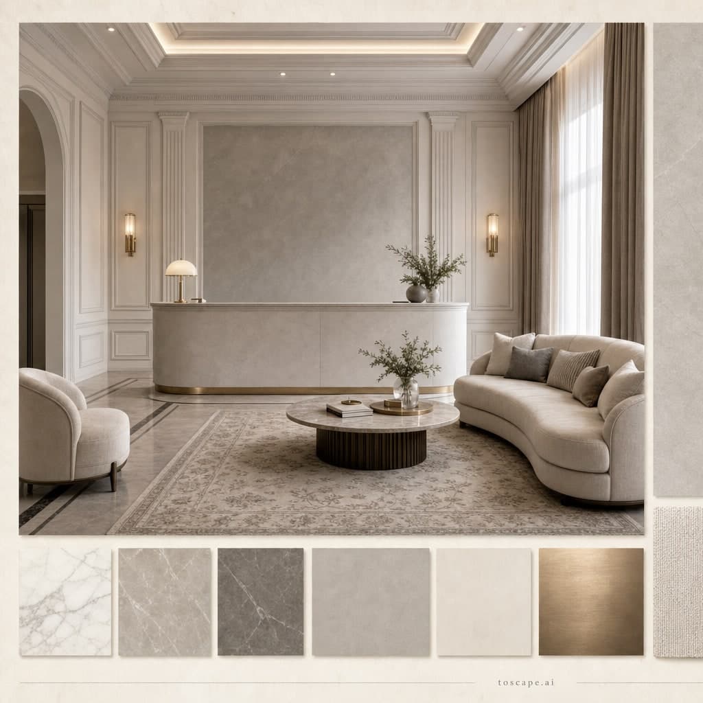 Neoclassic Cool Neutral Reception — Satin interior moodboard card