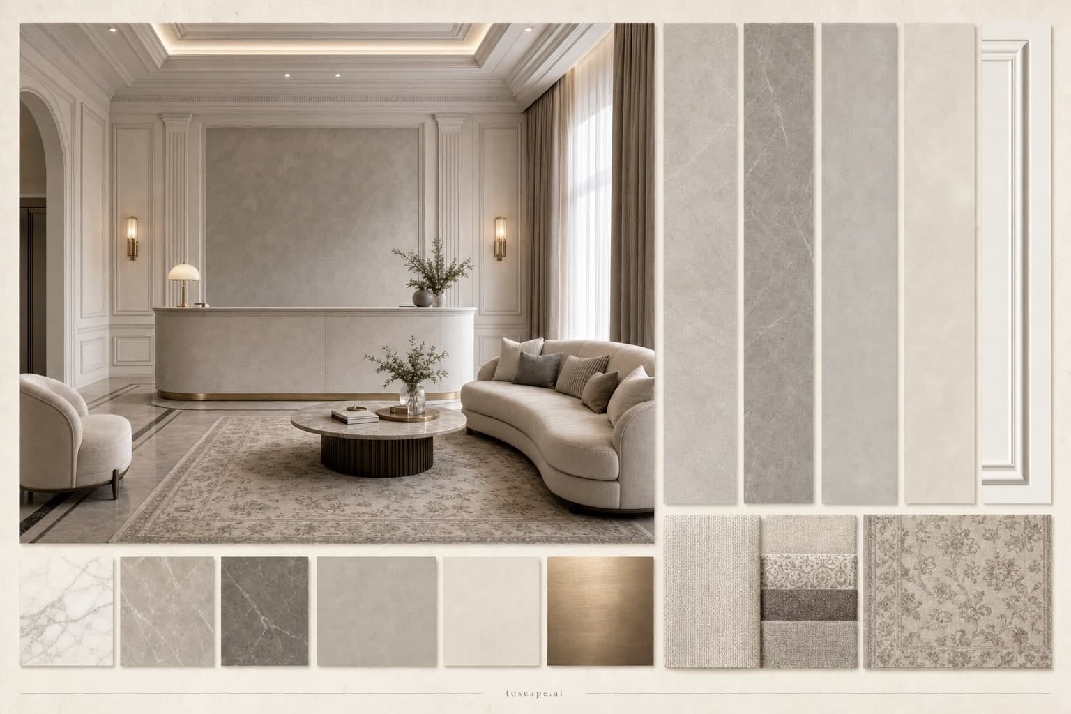Neoclassic Cool Neutral Reception — Satin interior moodboard plate