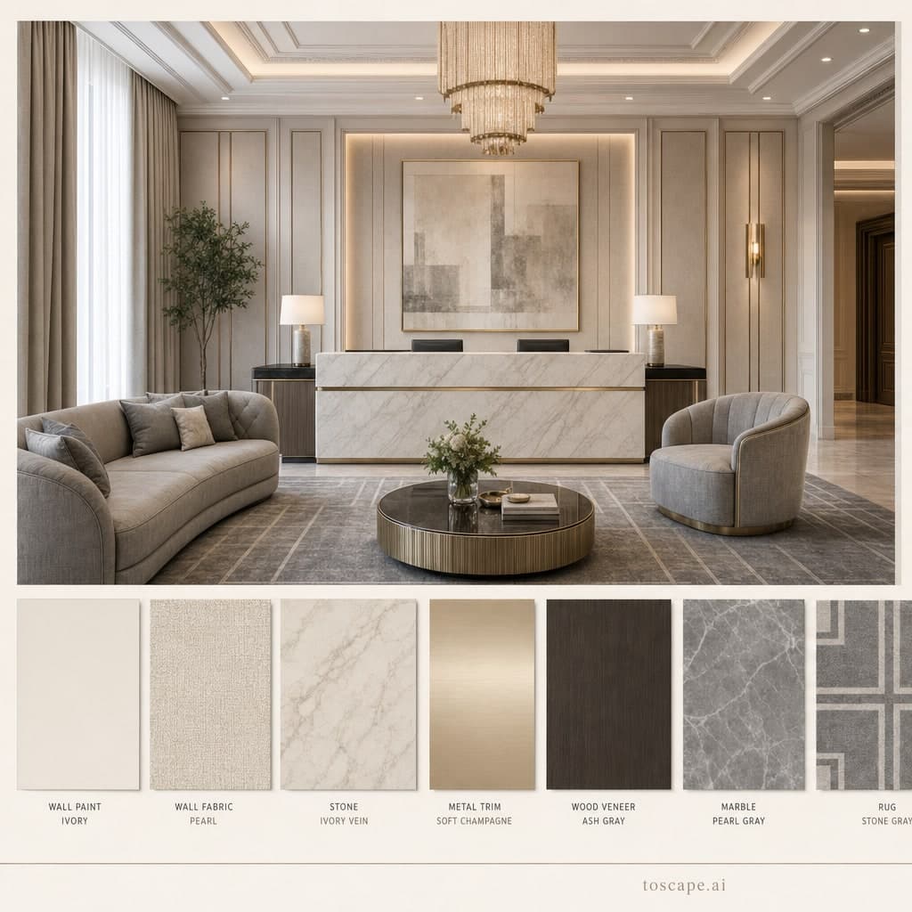 Neoclassic Light Luxury Reception — Matte interior moodboard card