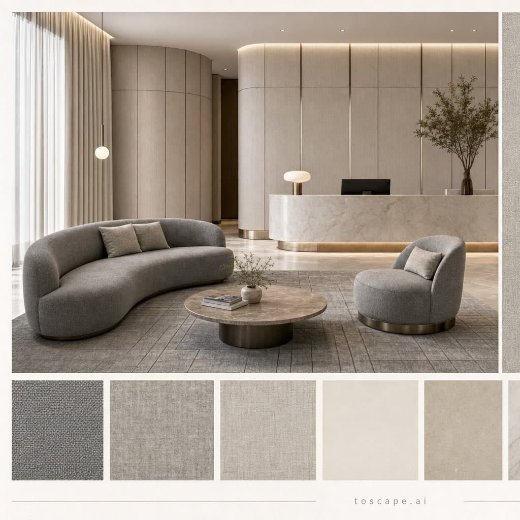 Modern Warm Neutral Reception — Satin interior moodboard card