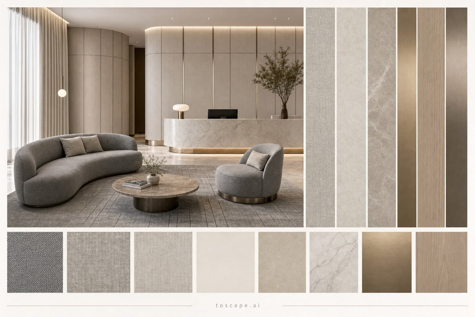 Modern Warm Neutral Reception — Satin interior moodboard plate