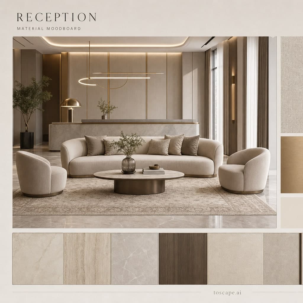 Modern Warm Neutral Reception — Honed Stone interior moodboard card