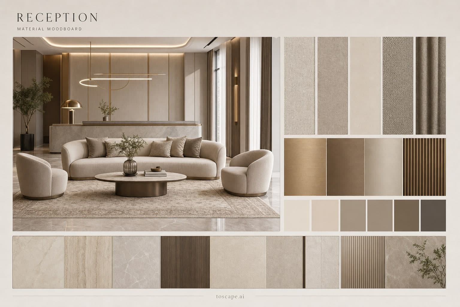 Modern Warm Neutral Reception — Honed Stone interior moodboard plate