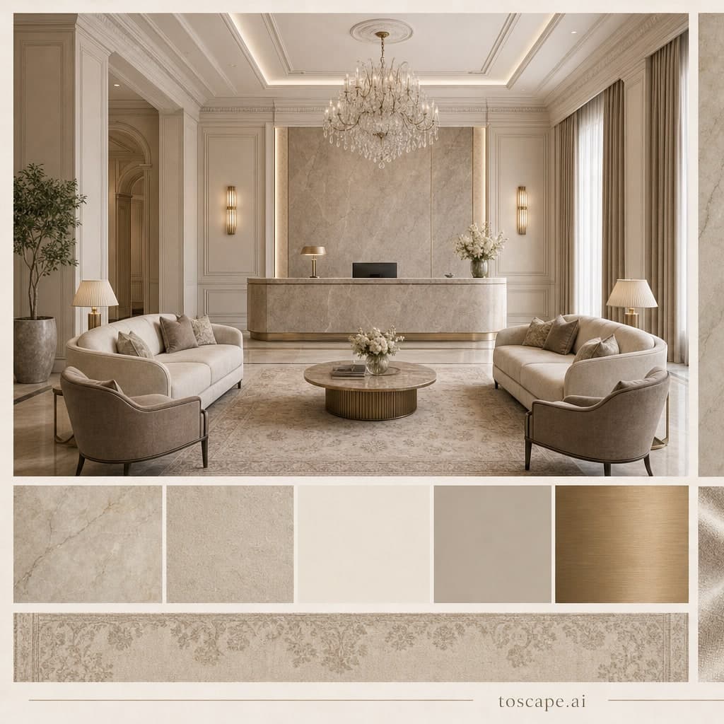 Neoclassic Warm Neutral Reception — Satin interior moodboard card