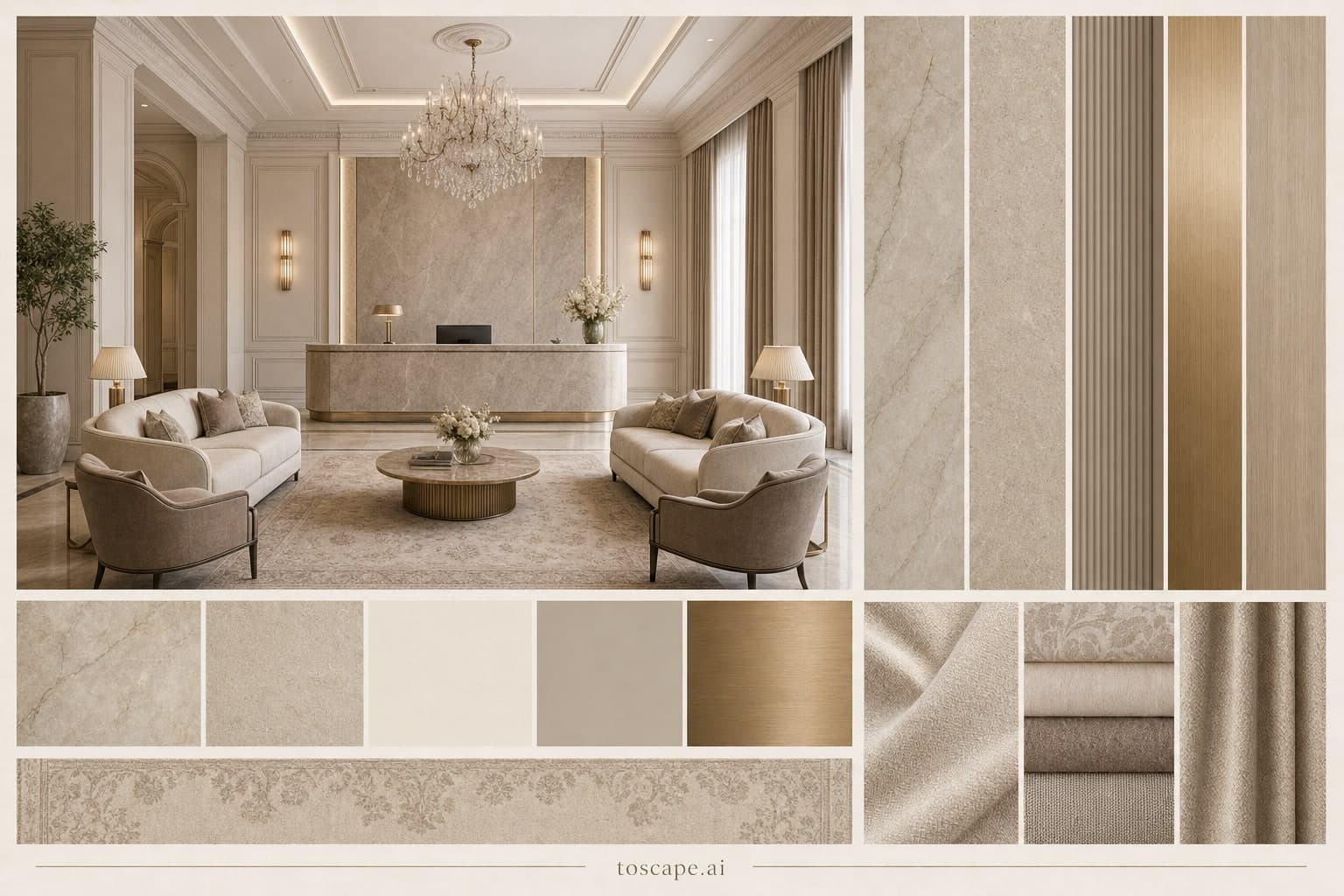 Neoclassic Warm Neutral Reception — Satin interior moodboard plate