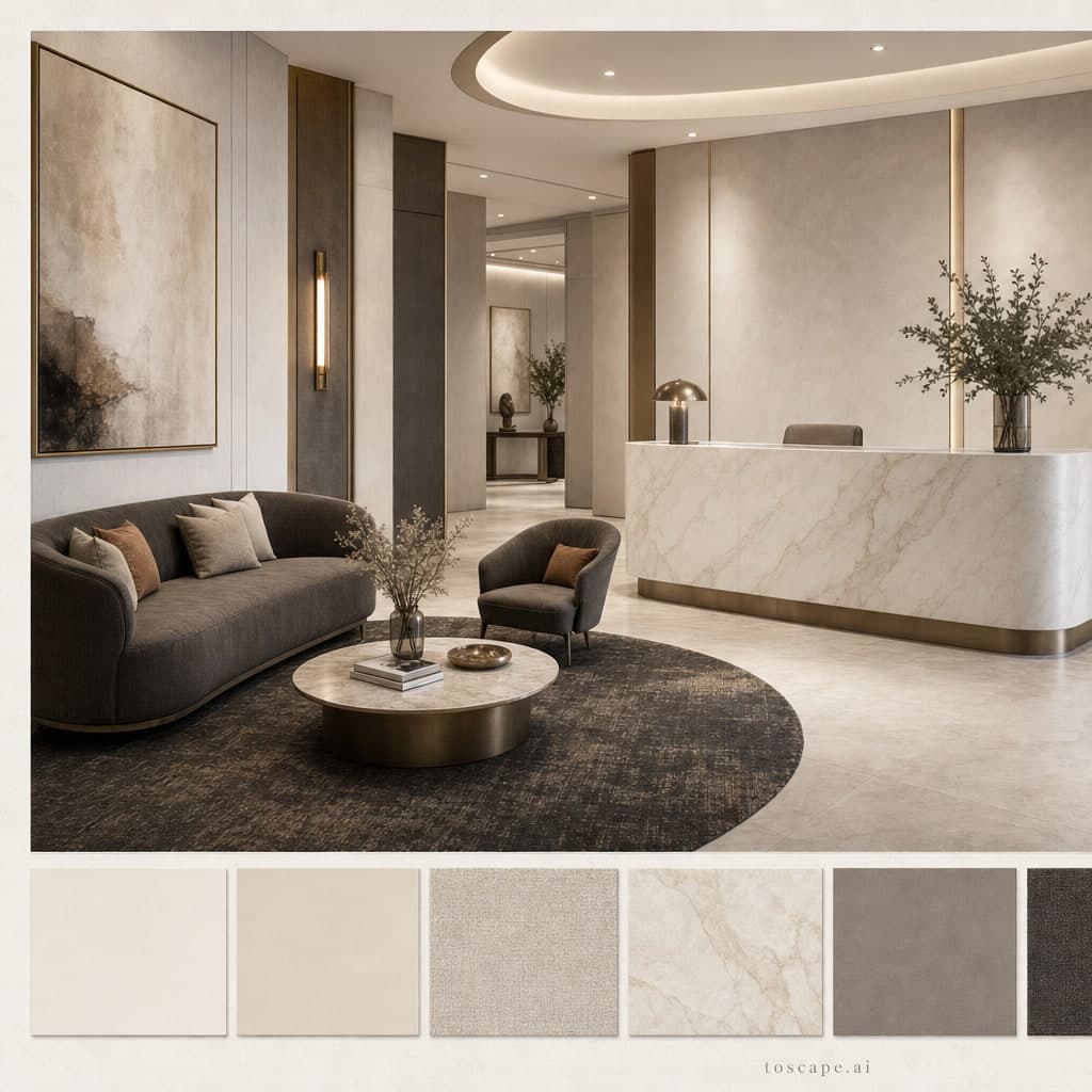 Modern Light Luxury Reception — Brushed Metal interior moodboard card