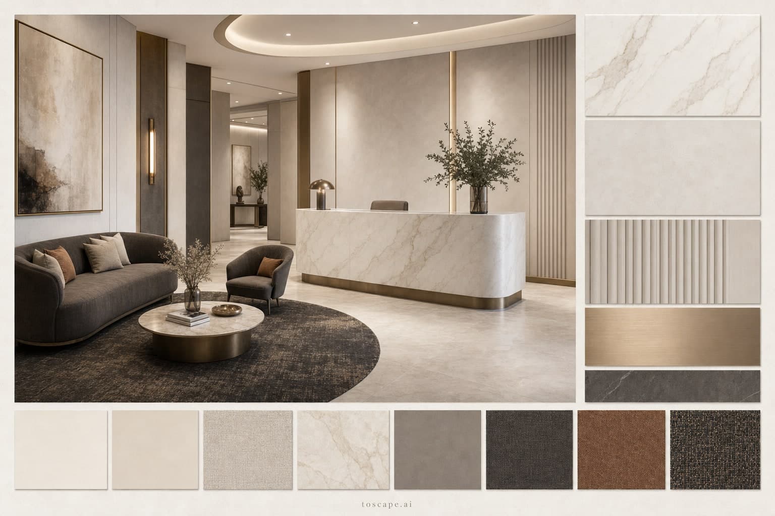 Modern Light Luxury Reception — Brushed Metal interior moodboard plate