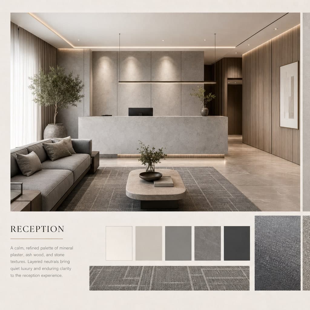 Modern Cool Neutral Reception — Satin interior moodboard card