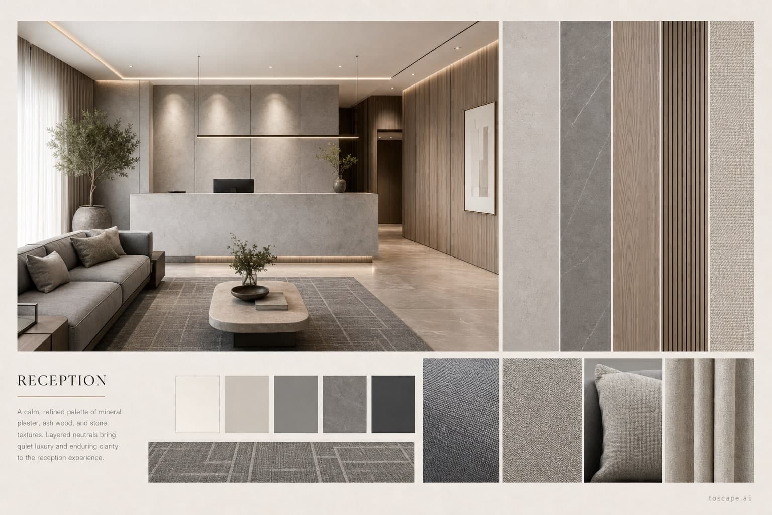 Modern Cool Neutral Reception — Satin interior moodboard plate