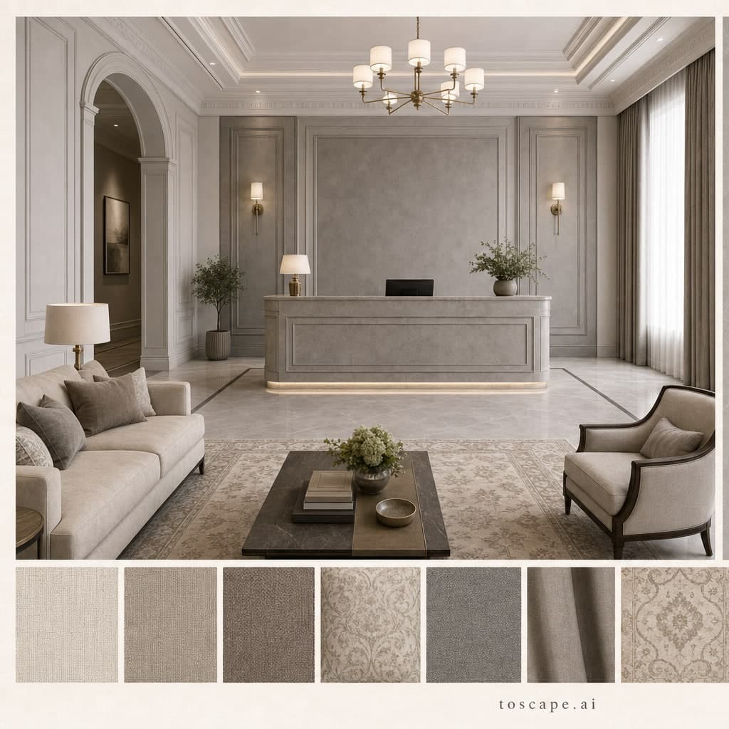 Neoclassic Cool Neutral Reception — Satin interior moodboard card