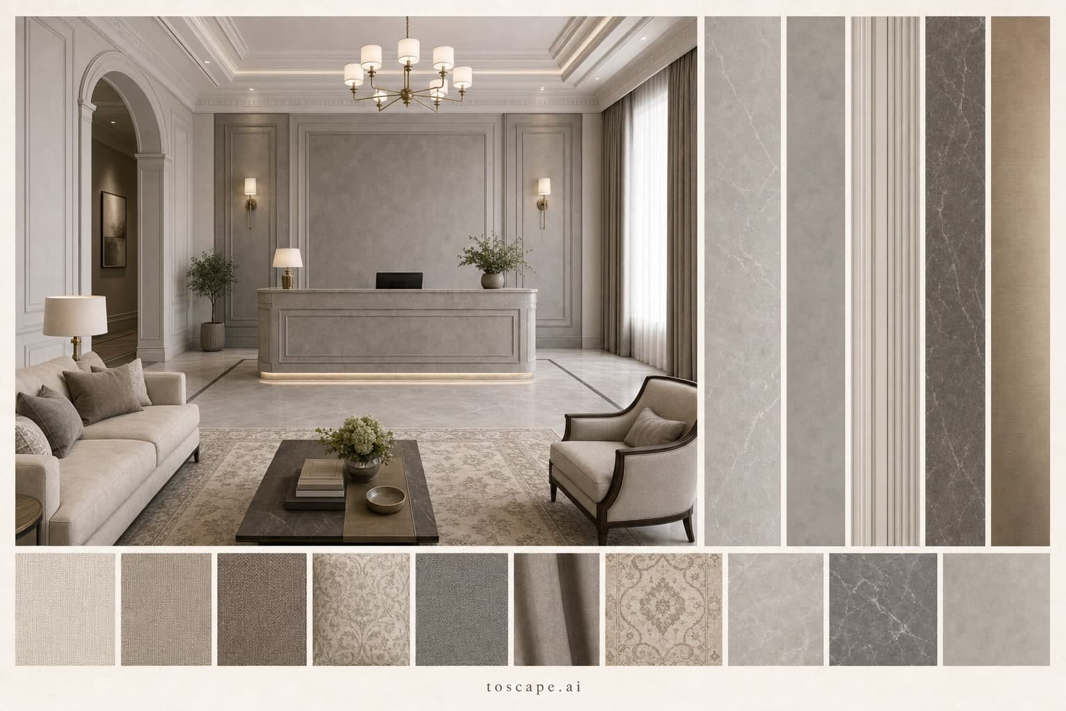 Neoclassic Cool Neutral Reception — Satin interior moodboard plate