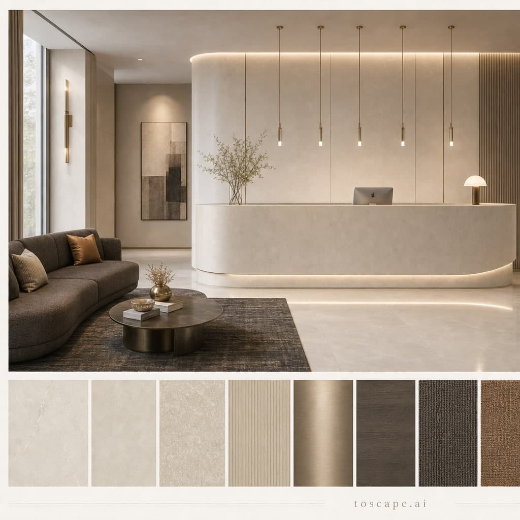 Modern Light Luxury Reception — Brushed Metal interior moodboard card