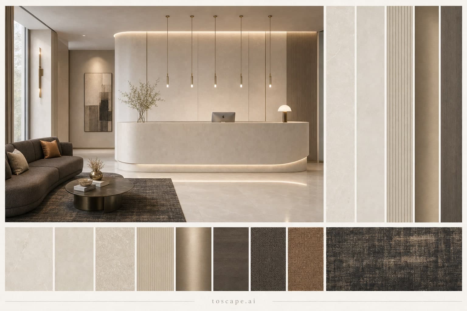 Modern Light Luxury Reception — Brushed Metal interior moodboard plate