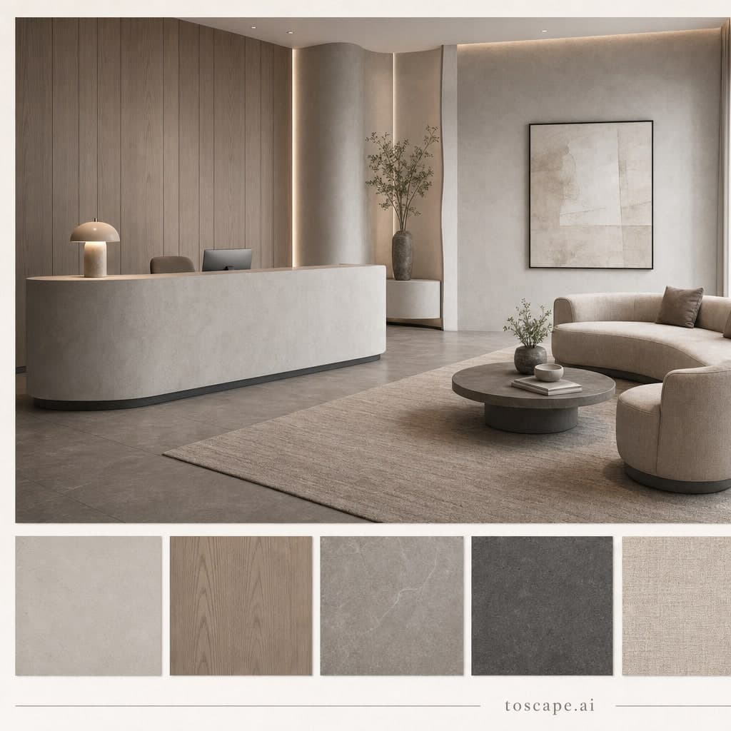 Modern Cool Neutral Reception — Matte interior moodboard card