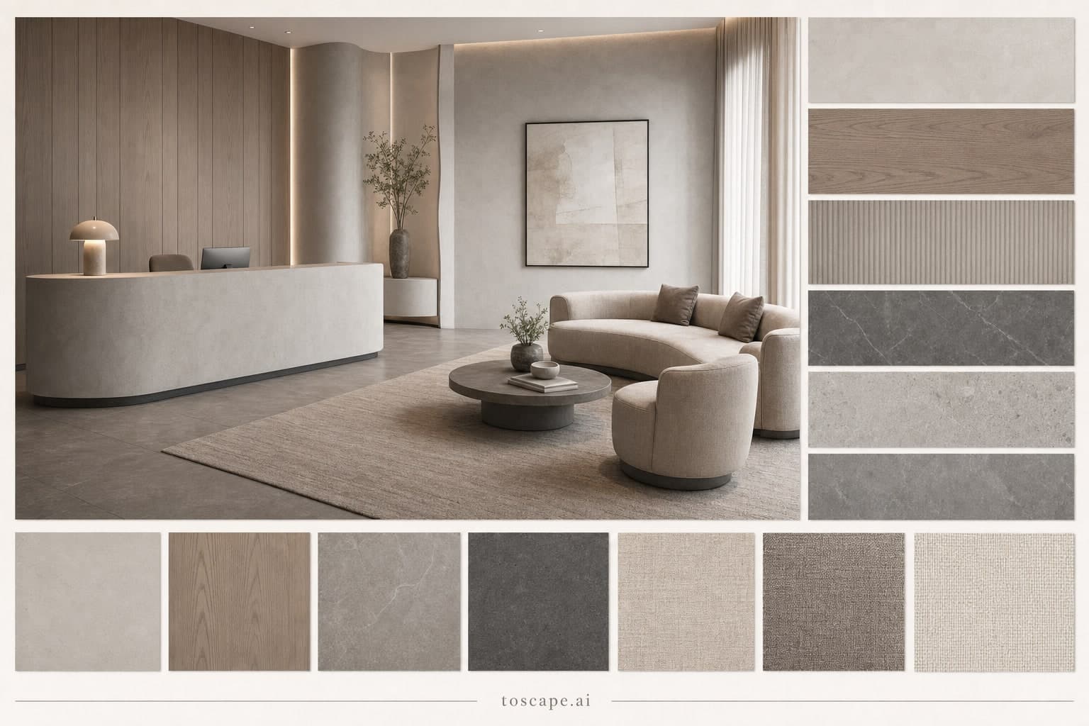 Modern Cool Neutral Reception — Matte interior moodboard plate
